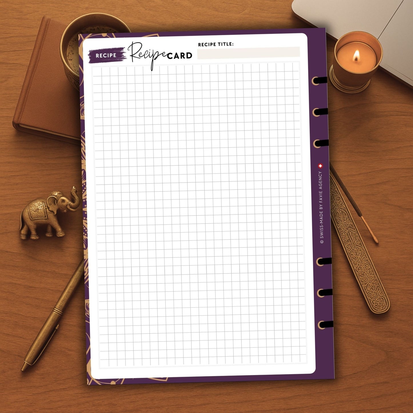 Luxury Recipe Card Planner Inserts (Set of 3) – Mandala Gold Purple Edition | Digital A5 6-Ring