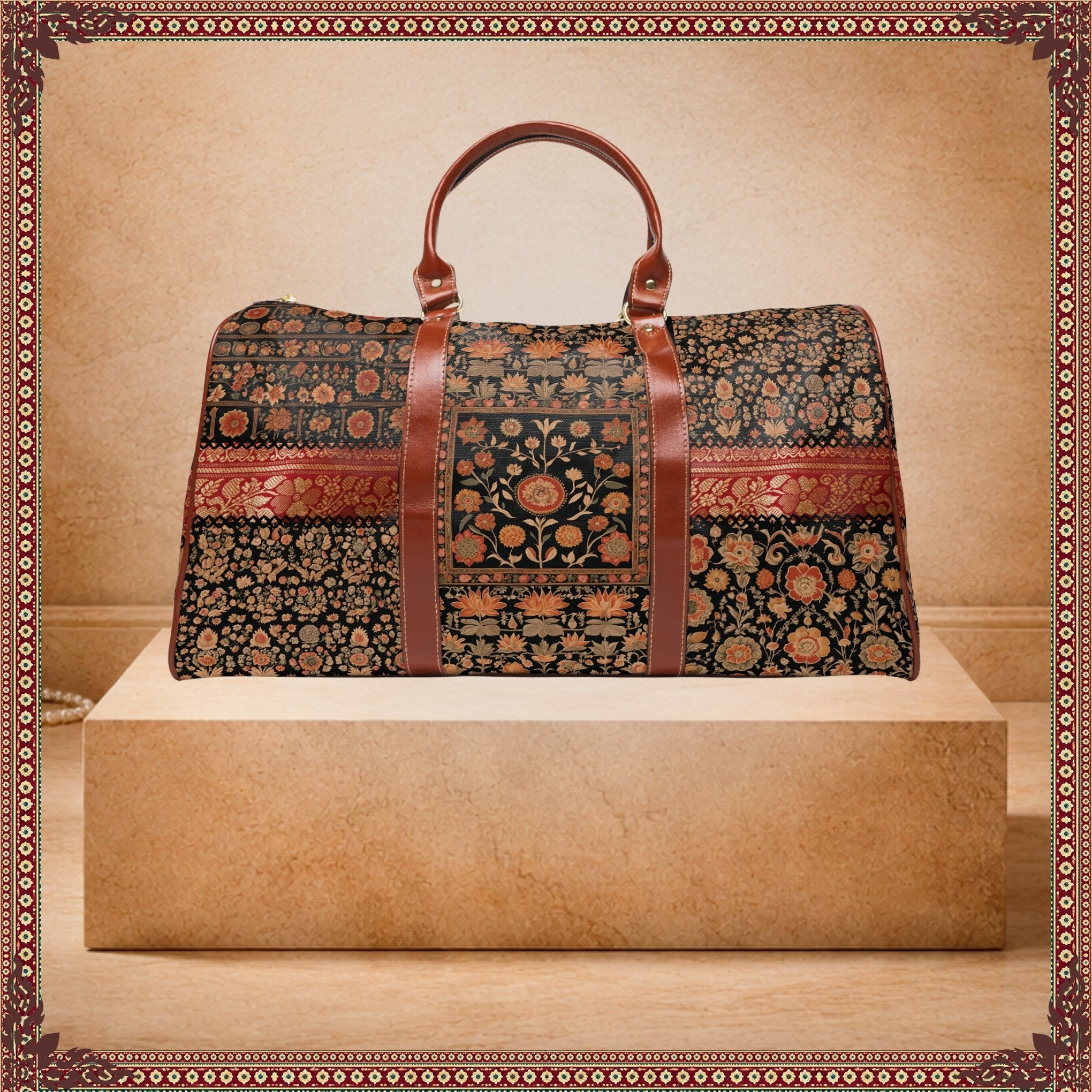 Decorative waterproof travel bag in india-style with floral patterns on a beige platform