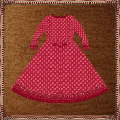 Back view of the Rani Rouge Jaipur Kurta Dress by FAVIE, showcasing the flowing red-pink bohemian maxi dress with original Jaipur-inspired artwork and long sleeves.