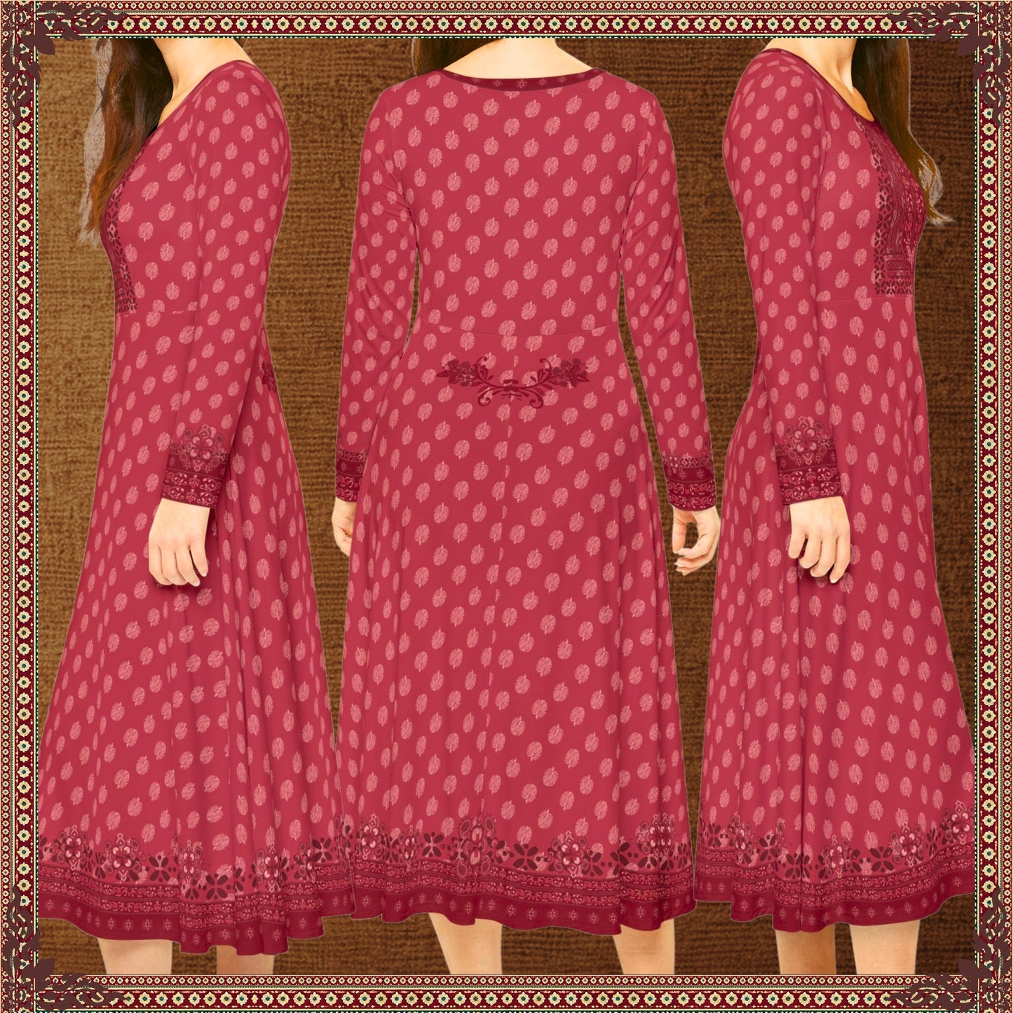 Front, back and side views of the Rani Rouge Jaipur Kurta Dress by FAVIE, showcasing the flowing red-pink bohemian maxi dress with original Jaipur-inspired artwork.
