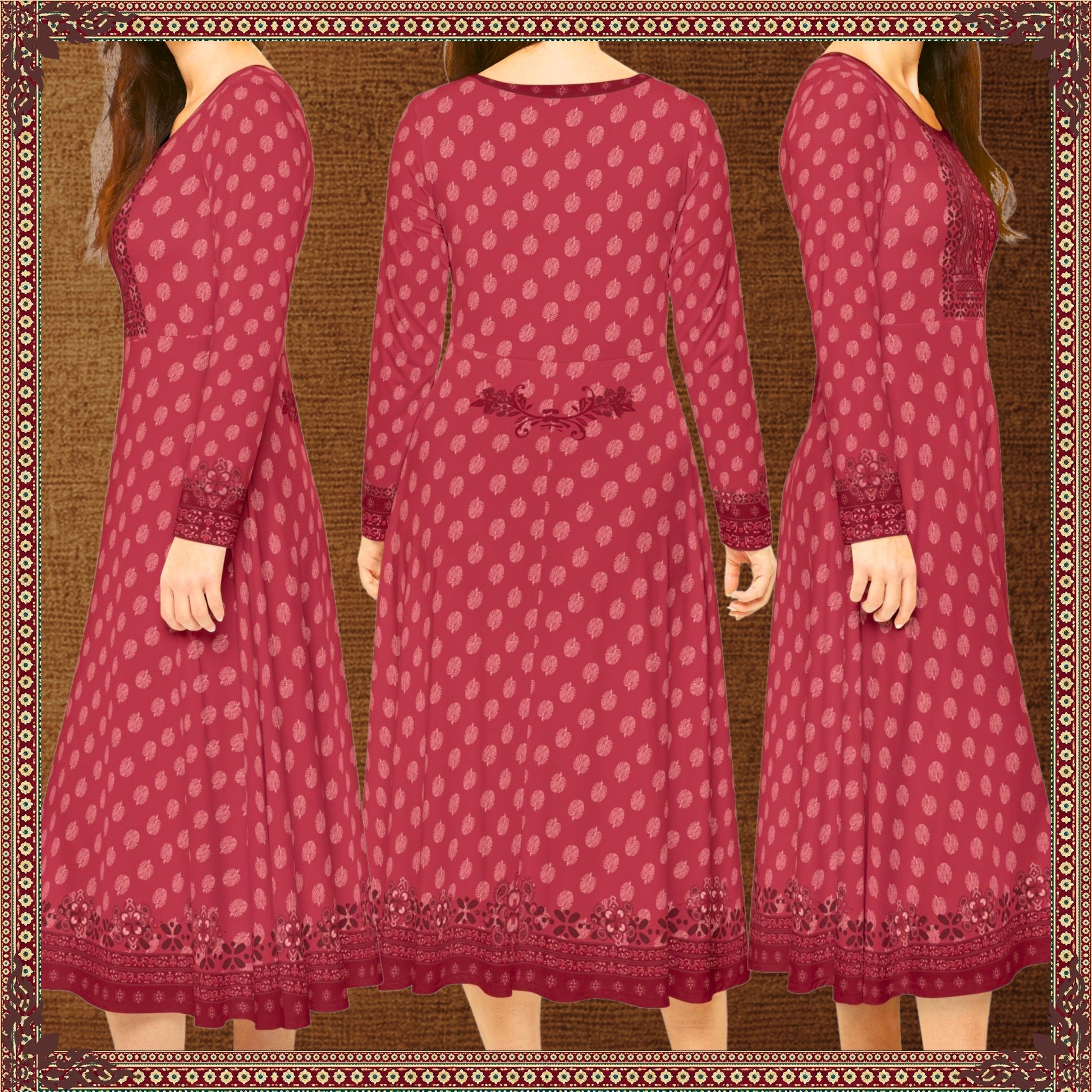 Front, back and side views of the Rani Rouge Jaipur Kurta Dress by FAVIE, showcasing the flowing red-pink bohemian maxi dress with original Jaipur-inspired artwork.