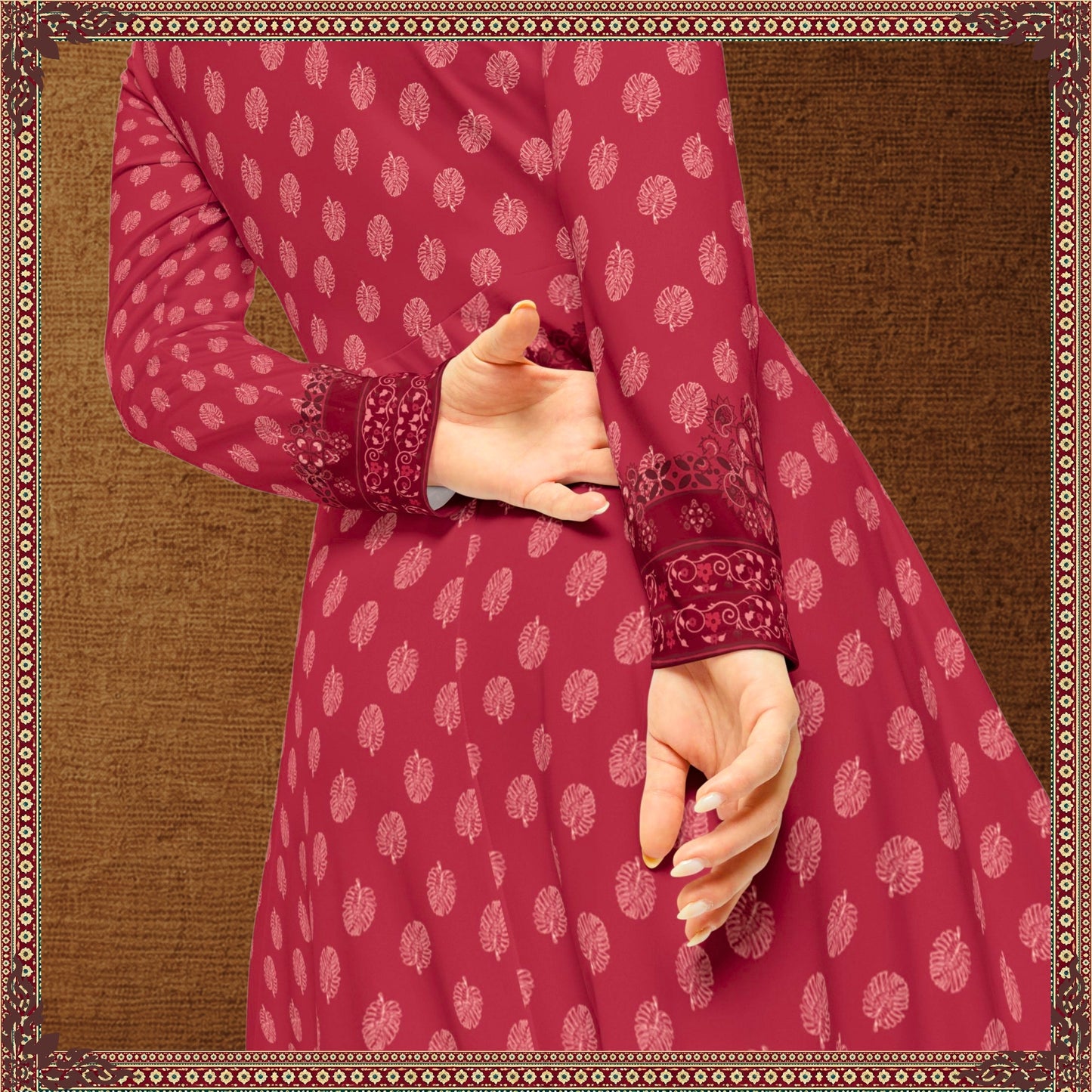 Close-up of the sleeve and cuff details on the Rani Rouge Jaipur Kurta Dress by FAVIE, showcasing the original Jaipur-inspired artwork and intricate bohemian pattern.