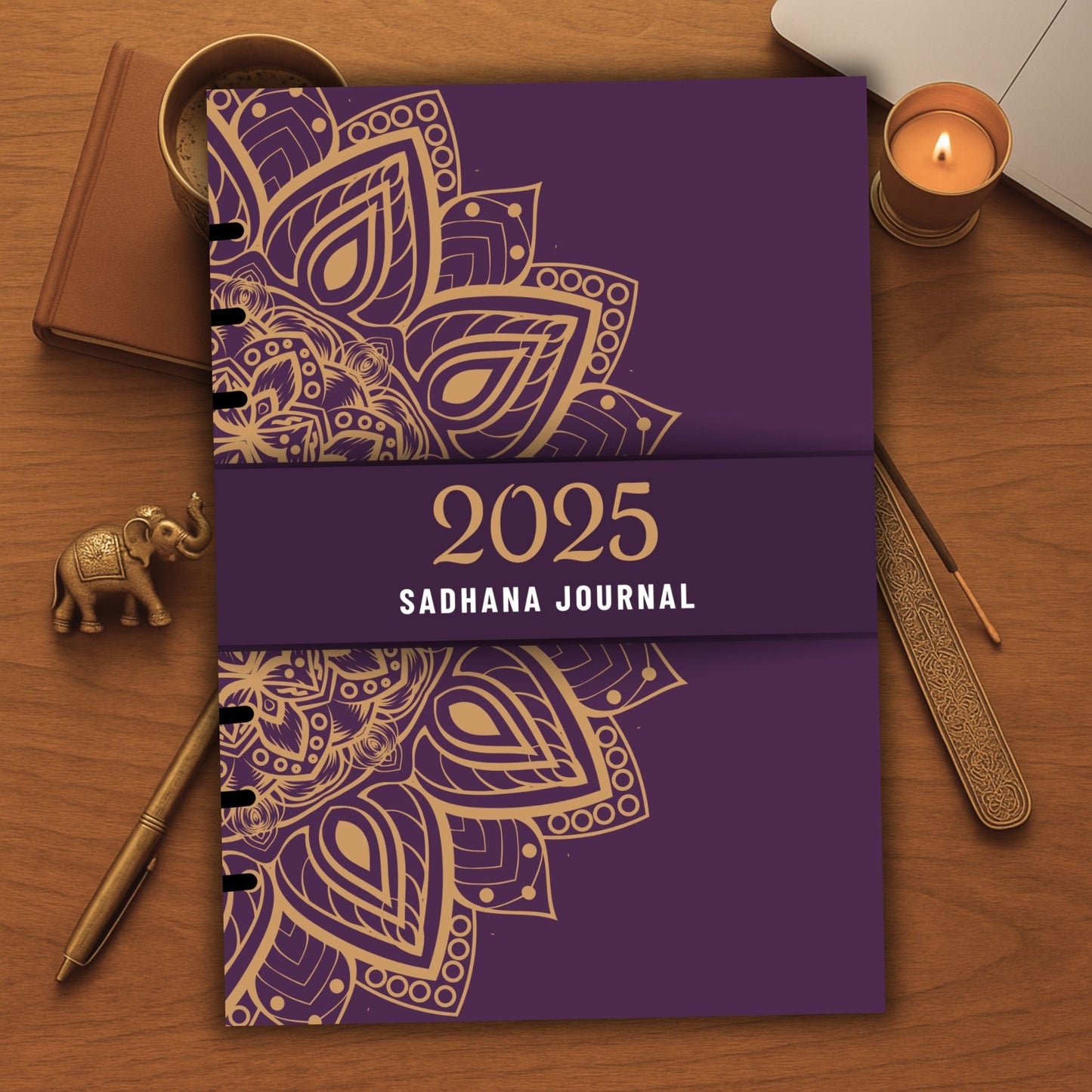 Luxury 2025 Sadhana Journal Planner Cover – Mandala Gold Purple Edition | Digital A5, 6-Ring