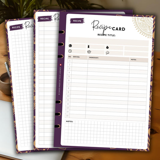 Luxury Recipe Card Planner Inserts (Set of 3) – Mandala Gold Purple Edition | Digital A5 6-Ring