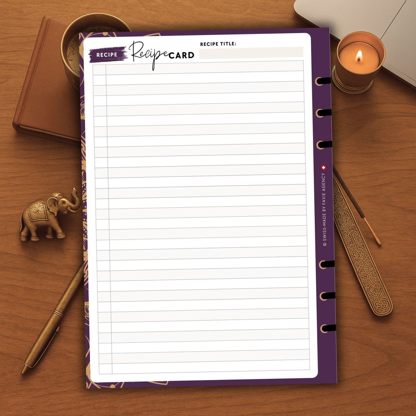 Luxury Recipe Card Planner Inserts (Set of 3) – Mandala Gold Purple Edition | Digital A5 6-Ring