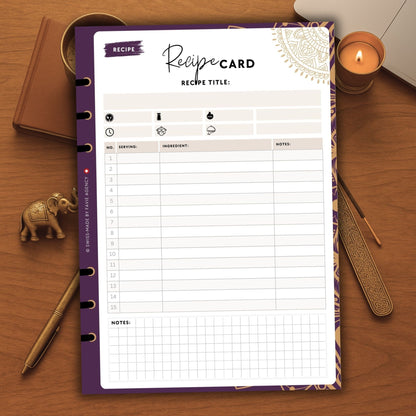 Luxury Recipe Card Planner Inserts (Set of 3) – Mandala Gold Purple Edition | Digital A5 6-Ring